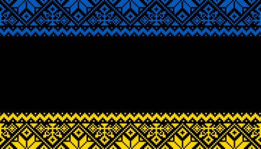 Ulusal renklerle işlenmiş Ukrayna bayrağı. Geometrik çerçeveli siyah arkaplan. Ukrayna 'nın ulusal giysilerinin süsleri. Ukrayna 'ya Destek