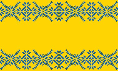 Sarı arka planda işlenmiş Ukrayna süsü. İskandinav deseni. Norveçli Jacquard
