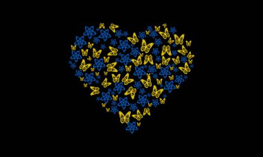 Ukrayna 'nın ulusal renklerinde kalp şeklinde kelebekler ve çiçekler