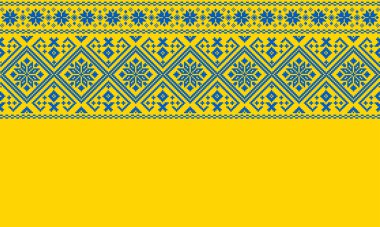Geleneksel bir arka planda Ukrayna bayrağının ulusal renklerinde nakış. Kıyafetlere işlenmiş süsler. Ukrayna bayrağı sarı bir arka plana işlenmiş. İskandinav deseni. Norveçli Jacquard