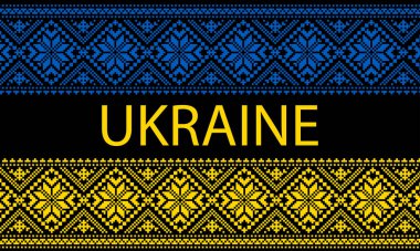Ukrayna bayrağının ulusal renklerinde işlenmiş Ukrayna süsü. İskandinav deseni. Norveçli Jacquard