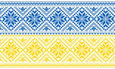 Ukrayna bayrağının ulusal renklerinde işlenmiş Ukrayna süsü. İskandinav deseni. Norveçli Jacquard