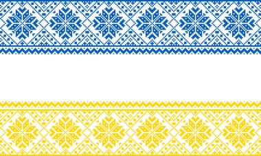 Ukrayna bayrağının arka planında ulusal renklerde işlenmiş Ukrayna süsü. İskandinav deseni. Norveçli Jacquard