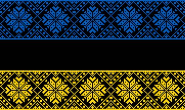 Ukrayna arkaplan Ukrayna süsü ulusal renklerde işlenmiş. Yazılar için çerçeve. Ukrayna 'nın tekstil modeli. Ulusal kıyafetler. Siyah arka planda etnik kumaş nakışı. İskandinav deseni. Norveçli Jacquard