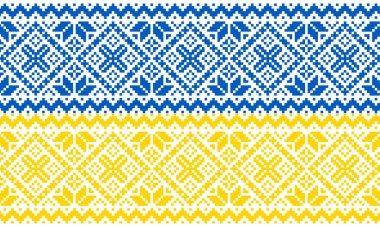 Beyaz arka planda Ukrayna 'nın ulusal renklerinde işlenmiş Ukrayna süsü. İskandinav deseni. Norveçli Jacquard