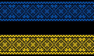 Ukrayna 'nın ulusal renklerinde işlenmiş siyah bir arka planda Ukrayna süsü. Yaşasın Ukaine. Geleneksel Ukrayna. Ulusal bayrak. İskandinav deseni. Norveçli Jacquard