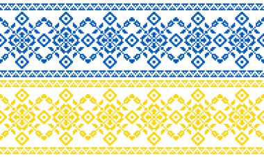 Ukrayna 'da Ukrayna bayrağının ulusal renklerinde kıyafetler için yapılan bir süs. İskandinav deseni. Norveçli Jacquard