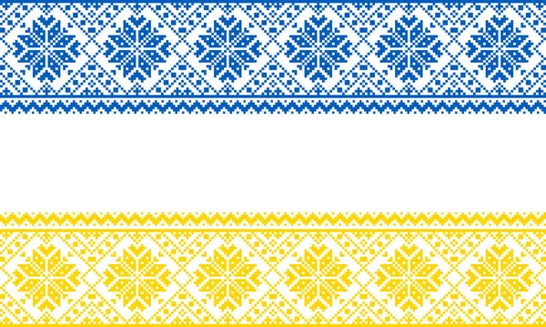 Ukrayna bayrağının arka planında ulusal renklerde işlenmiş Ukrayna süsü. İskandinav deseni. Norveçli Jacquard