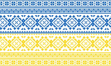Beyaz arka planda ulusal renklerde örgü iğneleriyle işlenmiş Ukrayna süsü. Ukrayna bayrağı. Ukrayna nakış taşıyıcısı. Norveçli Jacquard. Ukrayna halk kıyafetleri. Nakış için desenler