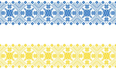 Beyaz arka planda ulusal renklerde örgü iğneleriyle işlenmiş Ukrayna süsü. Ukrayna bayrağı. Ukrayna nakış taşıyıcısı. Norveçli Jacquard. Ukrayna halk kıyafetleri. Nakış için desenler