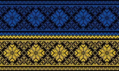 Beyaz arka planda ulusal renklerde örgü iğneleriyle işlenmiş Ukrayna süsü. Ukrayna bayrağı. Ukrayna nakış taşıyıcısı. Norveçli Jacquard. Ukrayna halk kıyafetleri. Nakış için desenler