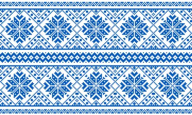 Beyaz arka planda ulusal renklerde örgü iğneleriyle işlenmiş Ukrayna süsü. Ukrayna bayrağı. Ukrayna nakış taşıyıcısı. Norveçli Jacquard. Ukrayna halk kıyafetleri. Nakış için desenler