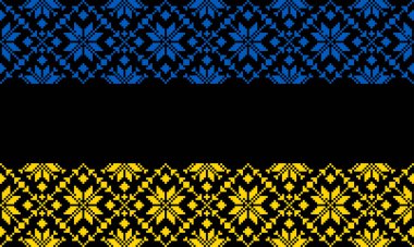 Giysiler için işlenmiş Ukrayna süsü, örgü, siyah arka plan. Norveçli Jacquard. Ukrayna halk kıyafetleri. Nakış için desenler