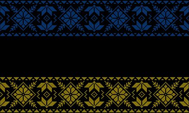 Giysiler için işlenmiş Ukrayna süsü, örgü, siyah arka plan. Norveçli Jacquard. Ukrayna halk kıyafetleri. Nakış için desenler