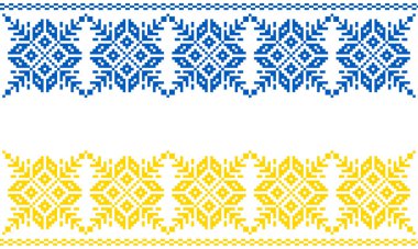 Beyaz arka planda ulusal renklerde örgü iğneleriyle işlenmiş Ukrayna süsü. Ukrayna bayrağı. Ukrayna nakış taşıyıcısı. Norveçli Jacquard. Ukrayna halk kıyafetleri. Nakış için desenler