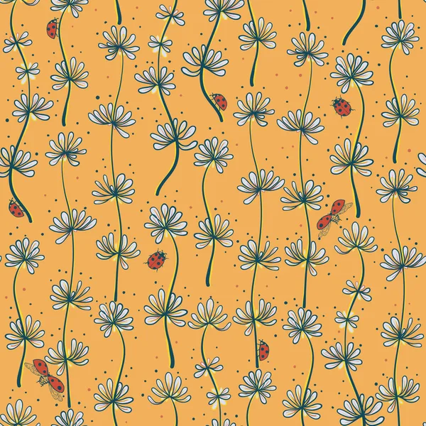 Векторные цветы и женские насекомые на темно-желтом бесшовном фоне. — стоковый вектор
