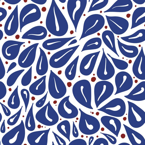 矢量无缝图案与手工提取的浆果点和叶子。经典的蓝色、红色、白色组合图案.新鲜而充满活力. — 图库矢量图片