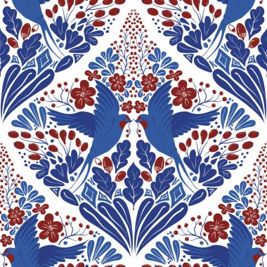 Elle çizilen kuşlarda vektör kusursuz desen. Kırlangıçlar, böğürtlenler ve çiçeklerle klasik mavi beyaz renkte simetrik desen.