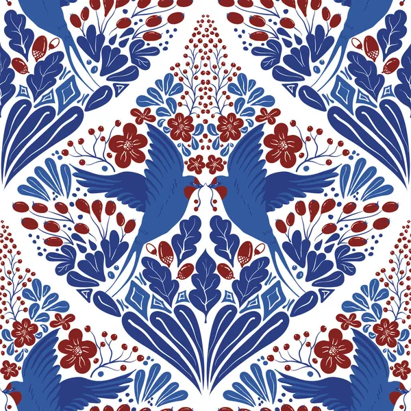 Elle çizilen kuşlarda vektör kusursuz desen. Kırlangıçlar, böğürtlenler ve çiçeklerle klasik mavi beyaz renkte simetrik desen.