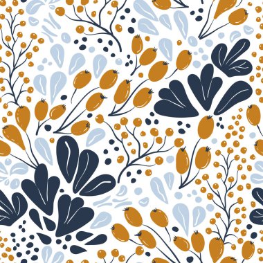 Elle çizilmiş böğürtlen ve yapraklarla kusursuz bir şablon. Mavi sarı kompozisyonda desen. Taze ve canlı..