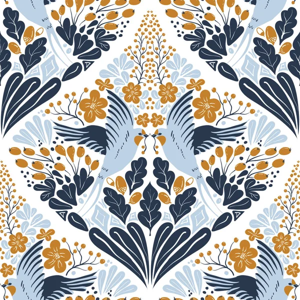 Elle çizilen kuşlarda vektör kusursuz desen. Kırlangıçlar, böğürtlenler ve çiçeklerle simetrik desen sarı ve mavi renklerde.