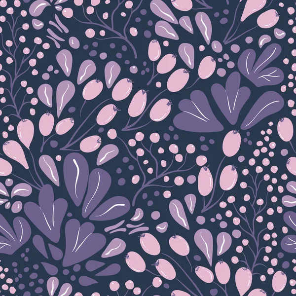Vektornahtloses Muster mit handgezeichneten Beeren und Blättern. Muster in lila und rosa Farbkomposition. Frisch und lebendig. — Stockvektor