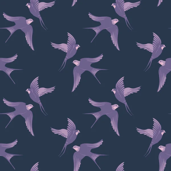 Vector seamless pattern with hand-draw birds. Pattern with swallows in purple colors. Simple and elegant pattern on navy blue background. — Wektor stockowy