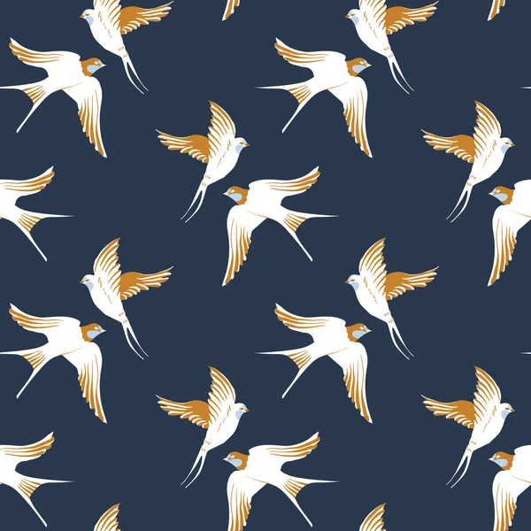 Διάνυσμα απρόσκοπτη μοτίβο με τα πουλιά χέρι-σχέδιο. Μοτίβο με χελιδόνια σε κλασικό μπλε λευκό χρώμα. Απλό και κομψό μοτίβο σε λευκό φόντο. — Διανυσματικό Αρχείο