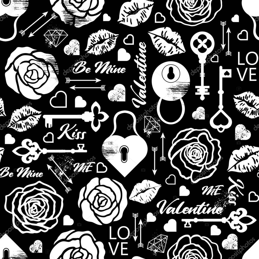 Vector seamless valentine day, love, romance pattern with hand-draw roses, lips, keys and lockers. Black and white colors, like hate and love together.