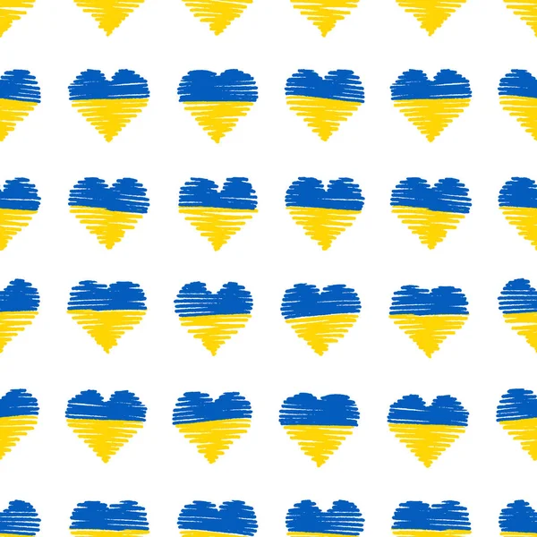 Векторный бесшовный узор фон синий и желтый ручной рисунок сердец в цветах флага Украины. — стоковый вектор