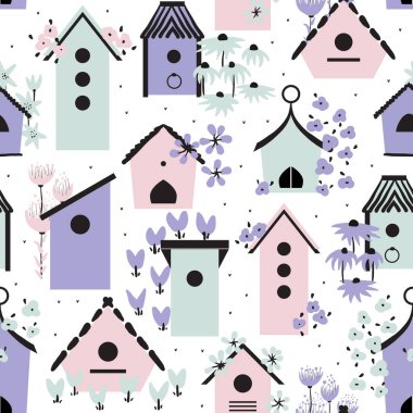 Kuş evleri ve kalın elle çizilmiş çiçeklerle vektör desenli arka plan.