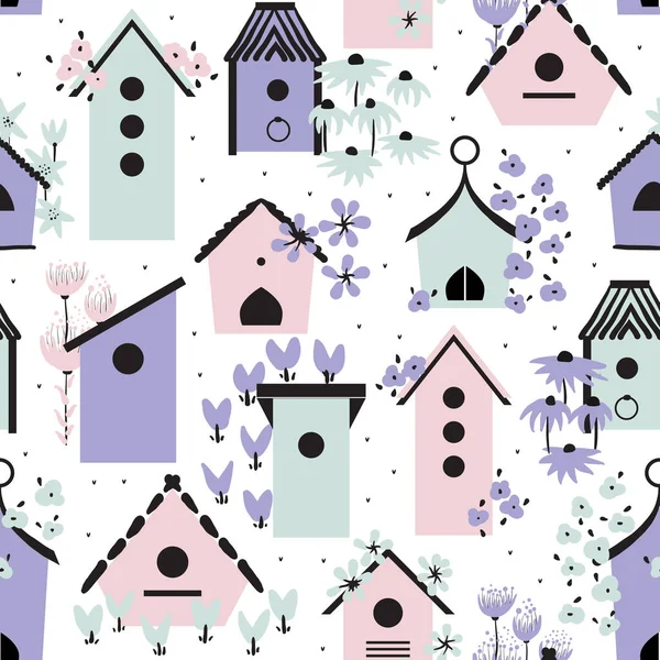 Kuş evleri ve kalın elle çizilmiş çiçeklerle vektör desenli arka plan.