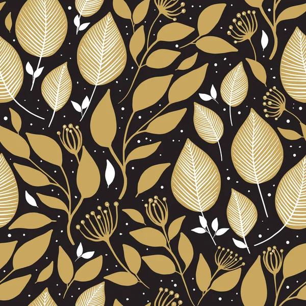 Siyah zemin üzerinde altın yapraklar olan kusursuz vektör deseni