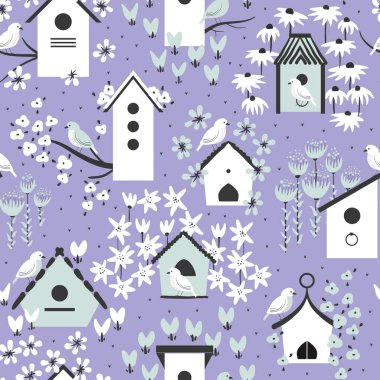 Kuşlar, kuş evleri ve kalın el çizimi çiçeklerle kusursuz bir arka plan..