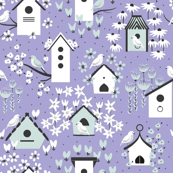 Kuşlar, kuş evleri ve kalın el çizimi çiçeklerle kusursuz bir arka plan..