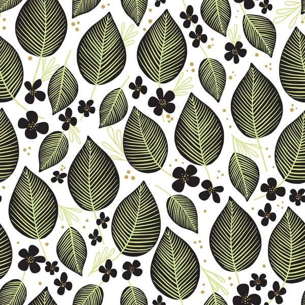 Vector seamless pattern with textured leaves and little flowers — Vettoriale Stock