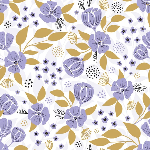 Vector seamless pattern with bold, little flowers and golden yellow leaves. — стоковый вектор