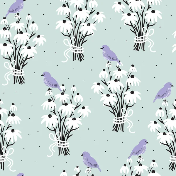 Kuşlar ve ekinezya buketleriyle vektör desensiz arka plan.