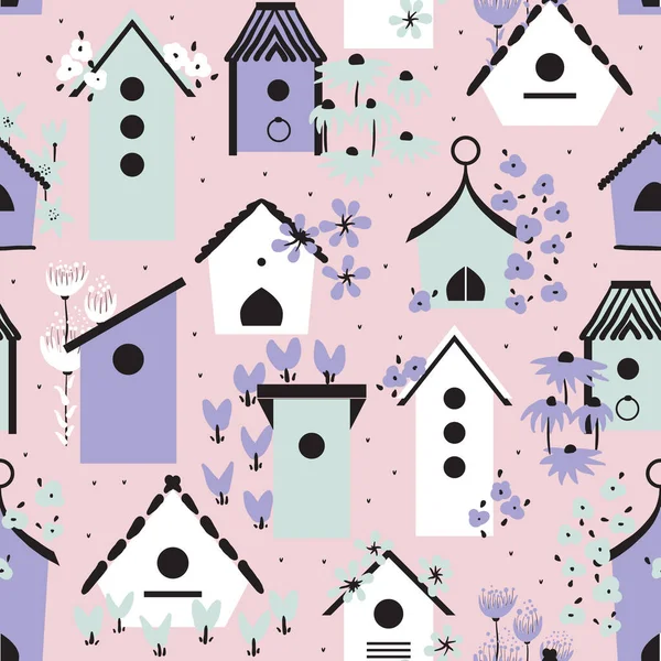 Kuş evleri ve kalın elle çizilmiş çiçeklerle vektör desenli arka plan.