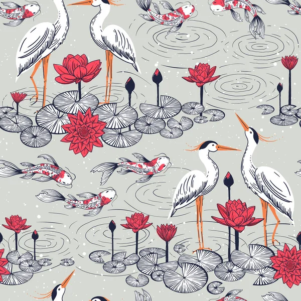 Vector Seamless Pattern Water Lilies Lotus Flowers Cranes Koi Fishes —  Vetores de Stock