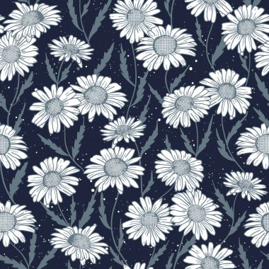 Vector seamless pattern with daisies on navy blue. Perfect for textile, fabric, wallpapers, graphic art, printing etc.