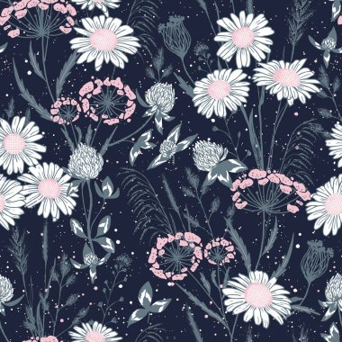Delicate wild meadow print - seamless vector background. Vector seamless pattern with daisies, clovers, wild grass on navy blue. Perfect for textile, fabric, wallpapers, grathic art, printing etc.