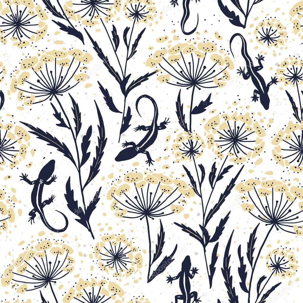 Delicate wild meadow print - seamless vector background. Vector seamless pattern with Lizards in the Queen Annes Lace Wildflower Daucus carota . Perfect for textile, fabric, wallpapers, grathic art