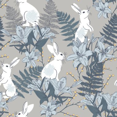 Hand drawn vintage magic forest seamless pattern with bunnies, lillies and fern. Vector illustration in line art style.
