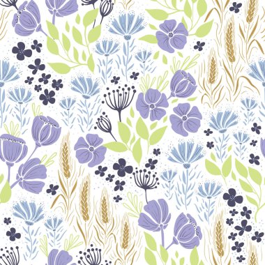 Yaban çiçekleri ve buğdaylı vektörsüz desen. Tekstil, kumaş, duvar kâğıtları, grafik sanatı, baskı vs. için mükemmel.