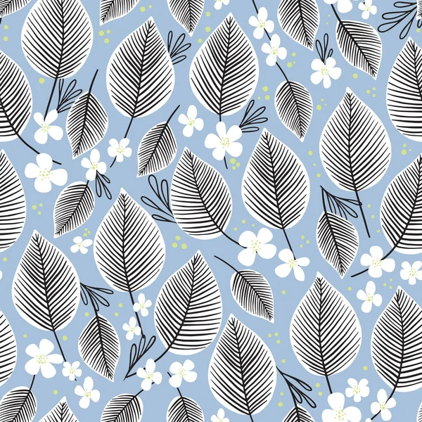 Dökümlü Yaprakları Küçük Çiçekleri Olan Kusursuz Bir Desen Tekstil Kumaş — Stok Vektör