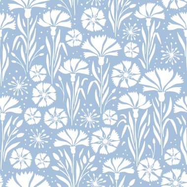 Vector seamless pattern background with hand drawn cornflowers on baby blue background. Perfect for textile, fabric, wallpapers, graphic art, printing etc.