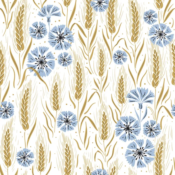 Vector seamless pattern background with hand drawn cornflowers and wheat crops. Perfect for textile, fabric, wallpapers, graphic art, printing etc.
