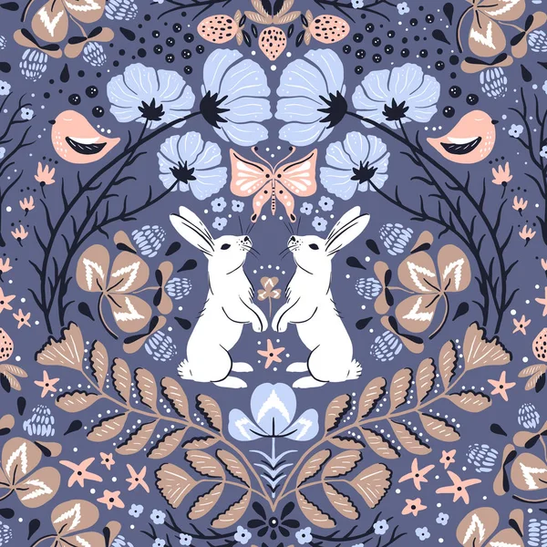 Seamless Pattern Blooming Cosmea Branches Rabbits Berries Birds Wildlife Silhouette — Wektor stockowy