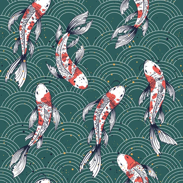 Vector Seamless Pattern Koi Fishes Japanese Carps Red Green White — Stock Vector